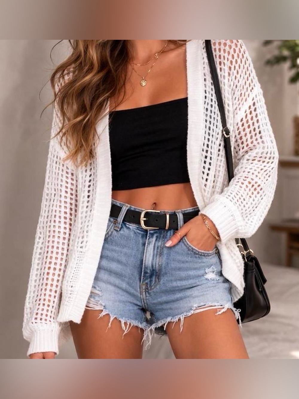 Women's White Open-Knit Cardigan - Casual Layering Piece